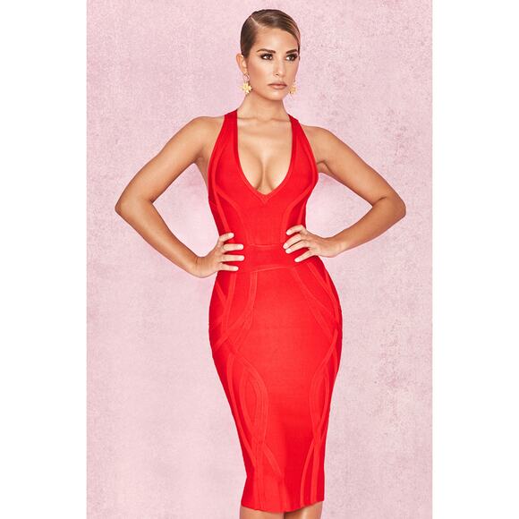 knee length dresses for ladies Bebe Women's Foiled Bandage Plunge Neck Midi Dress main image 1